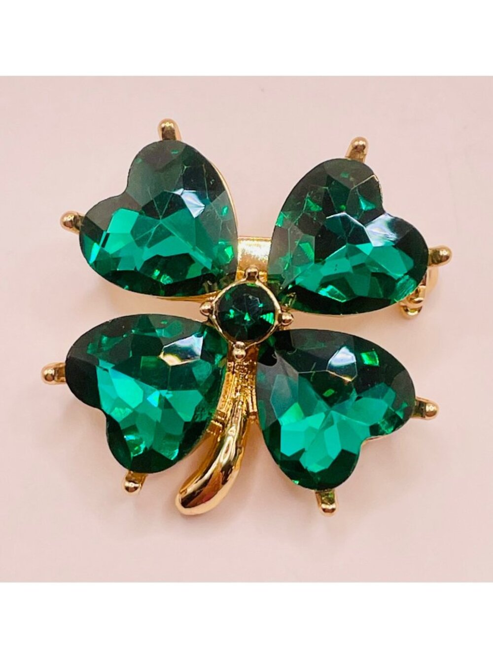 Emerald Green Rhinestone Four-Leaf Clover Brooch Pin -113B